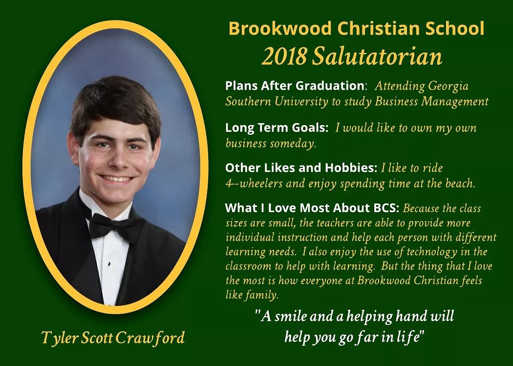 BCLS10's tweet photo. Meet our 2018 Salutatorian, Tyler Scott Crawford.

Congratulations Tyler! 👏👏👏 https://t.co/UCzjU95zv7