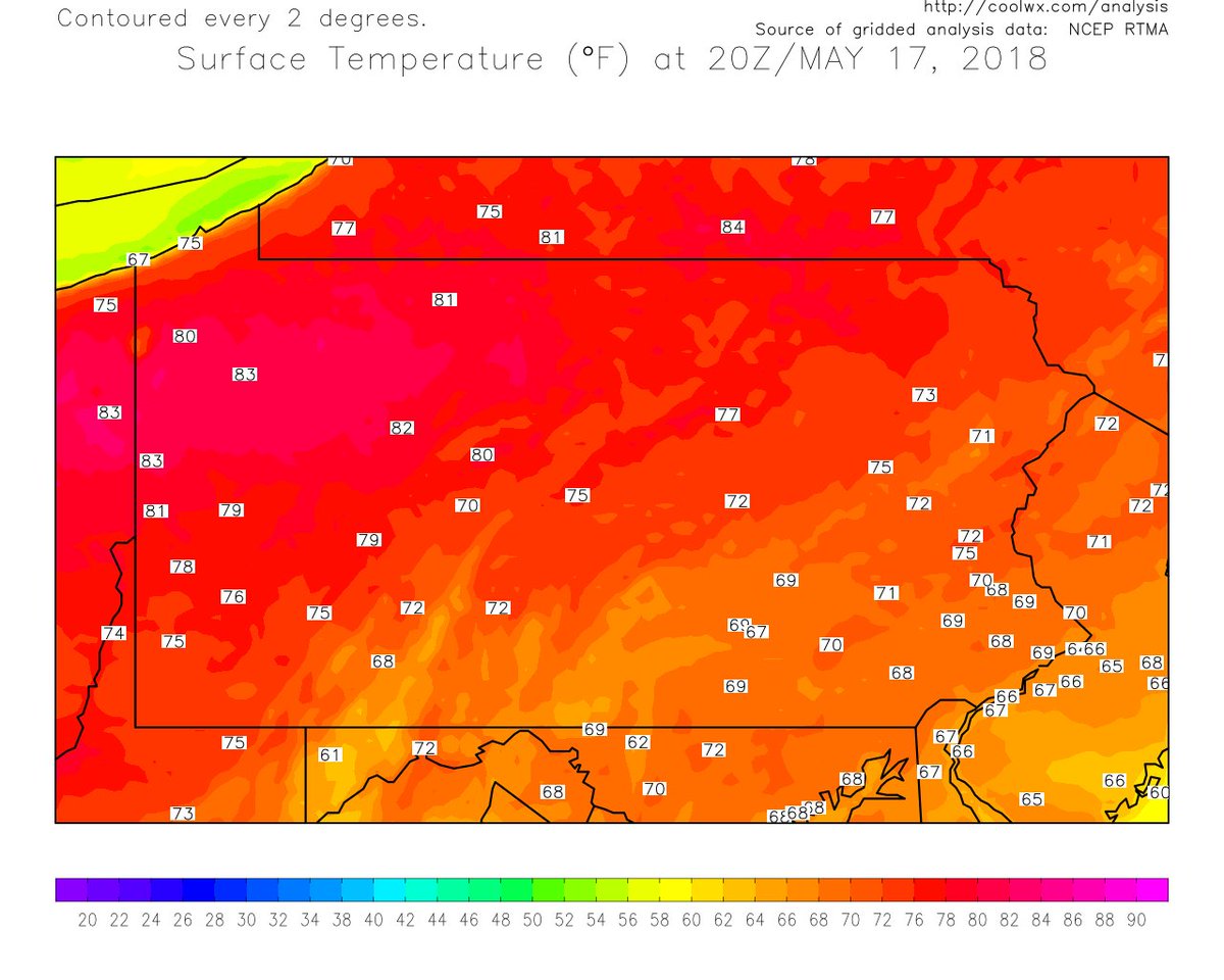 NWSStateCollege's tweet photo. Here's something we don't see too often! Yesterday, Bradford made it to a high temperature of 81 while areas in the southeast struggled to reach 70. Clouds and rain showers are to blame for this strange set up. We expect a similar scenario to play out this afternoon! #PAwx https://t.co/Ok4uyClhd9