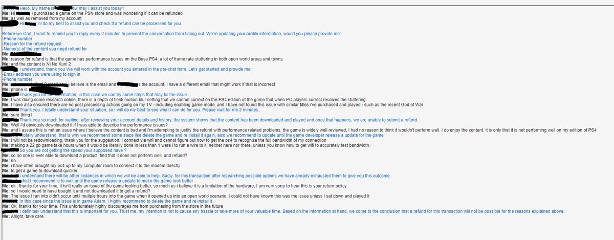 beatbot's tweet photo. @AskPlayStation 
Is this how you guys give me a sense of security when buying on the PSN Store? I feel like it's kinda unreasonable to assume I know about a performance issue that creeps up hours into a game (a MASSIVE part of the game). No hate to the agent. Just the policy. https://t.co/ooFOiDG5sZ