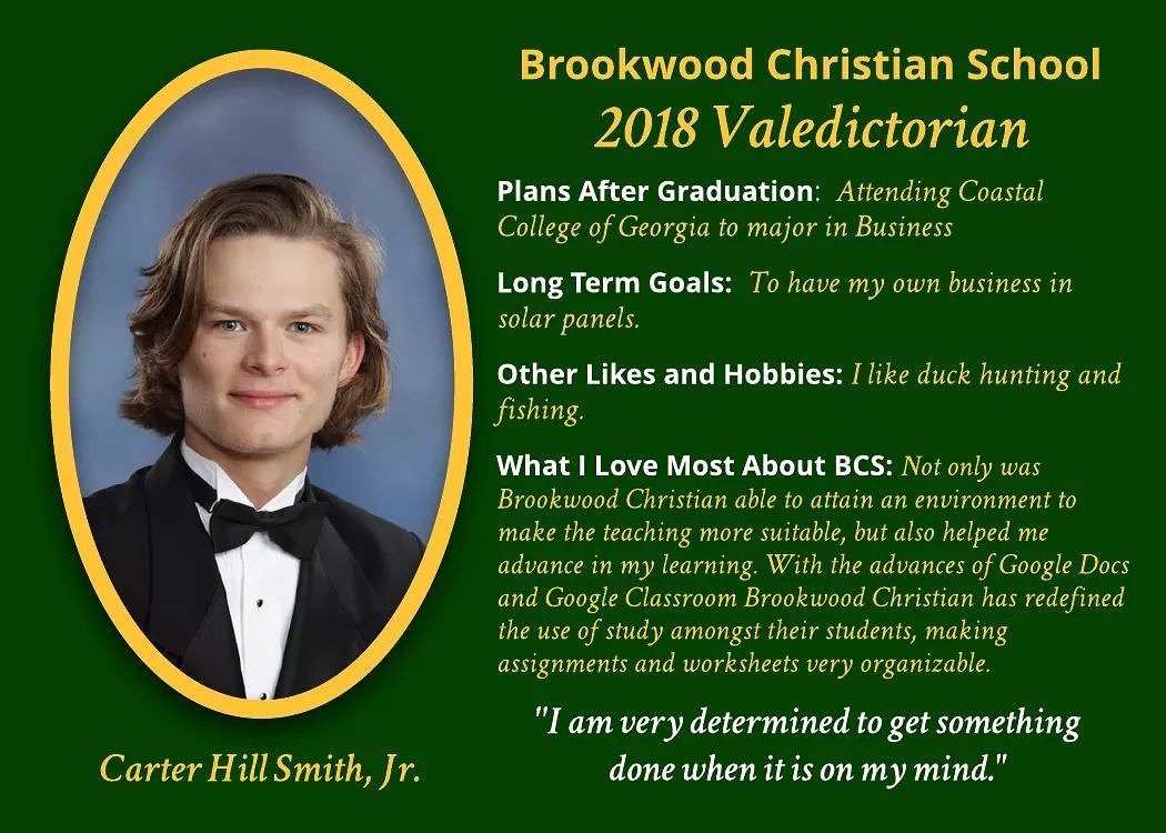BCLS10's tweet photo. Meet our 2018 Valedictorian, Carter Hill Smith, Jr.

Congratulations Hill! 👏👏👏 https://t.co/57czShyvYX