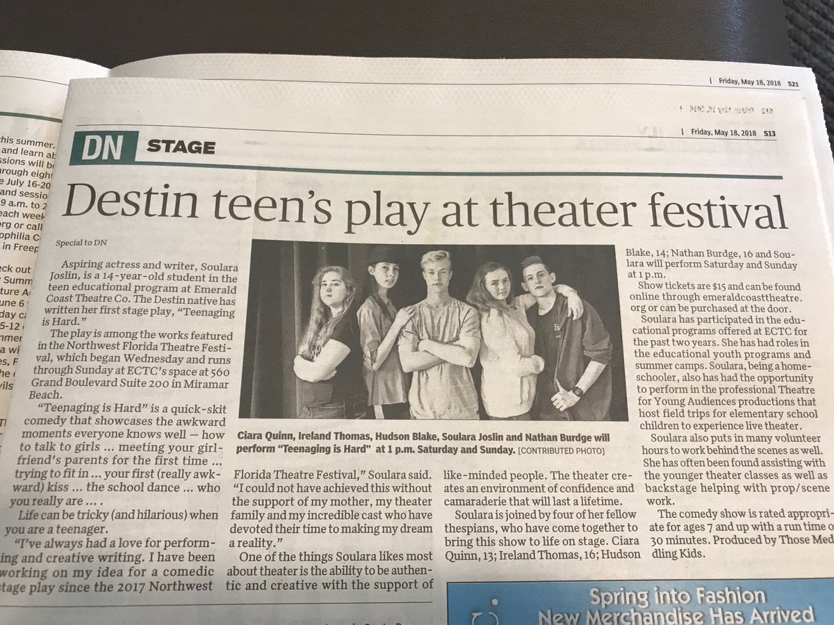 ECTheatreCo's tweet photo. We are SO PROUD of these #ECTCteens! This show Teenaging is Hard is written, directed, acted, and produced by teens that have been in our educational program!!! Thank you to the @BrendaSnwfdn / Northwest Florida Daily News DN for sharing the news! #AStageForAll https://t.co/SXnHFPVbWY