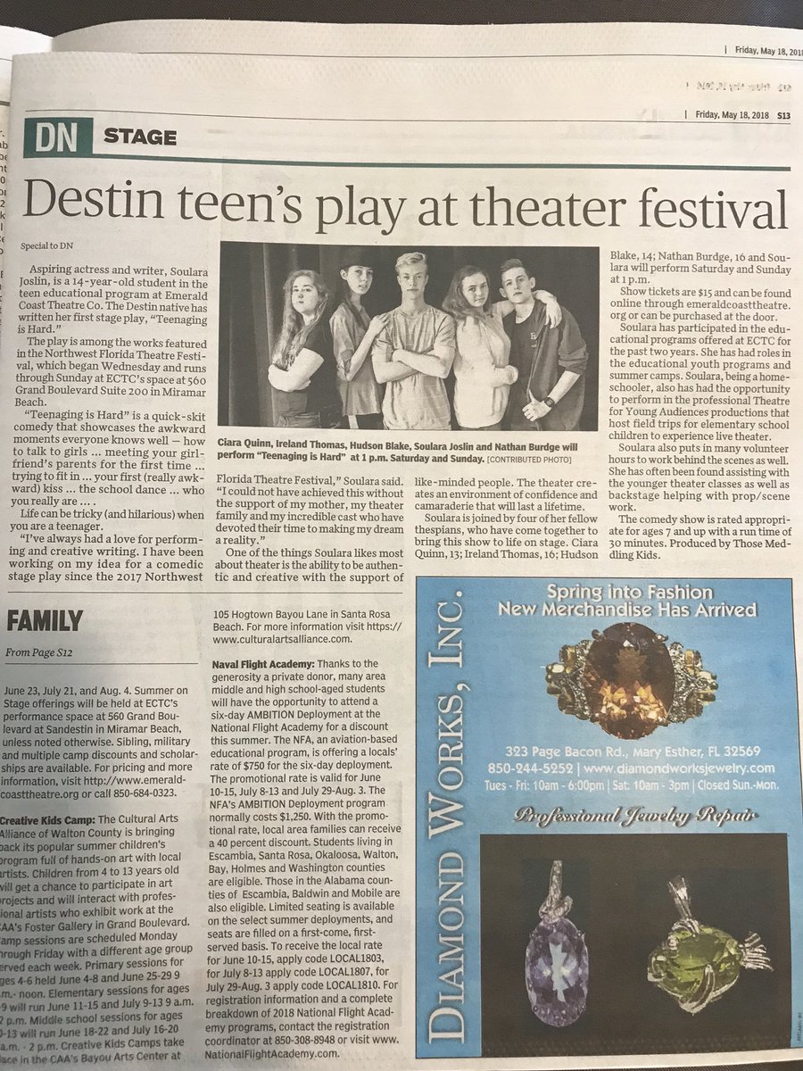 ECTheatreCo's tweet photo. We are SO PROUD of these #ECTCteens! This show Teenaging is Hard is written, directed, acted, and produced by teens that have been in our educational program!!! Thank you to the @BrendaSnwfdn / Northwest Florida Daily News DN for sharing the news! #AStageForAll https://t.co/SXnHFPVbWY