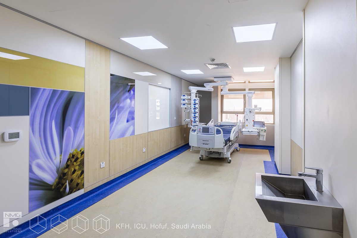 NMGSolutions's tweet photo. We used calming tones and a #naturetheme in this Intensive Care Unit design at King Fahad Hofuf #Hospital in #SaudiArabia in order to create a sense of peace and tranquility. Featuring @dirtt Bespoke Ceiling and Modular Wall Solutions. #healthcaredesigns #interiordesign https://t.co/mU0goo4Hqp