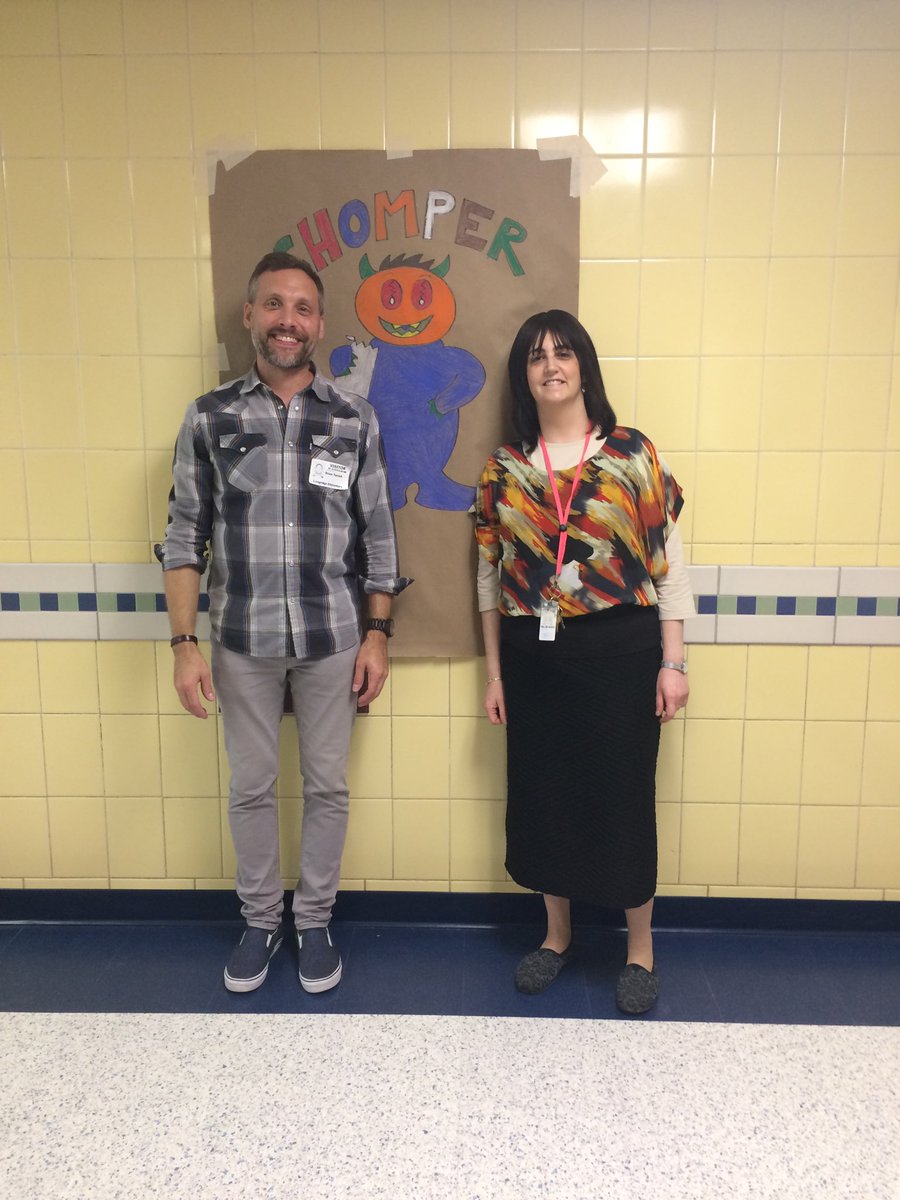 Our wonderful author &amp; Mrs. B in front of his character Chomper drawn by the students of <a href="/LongridgeGCSD/">Longridge Elementary</a> under the direction our talented art teachers!
