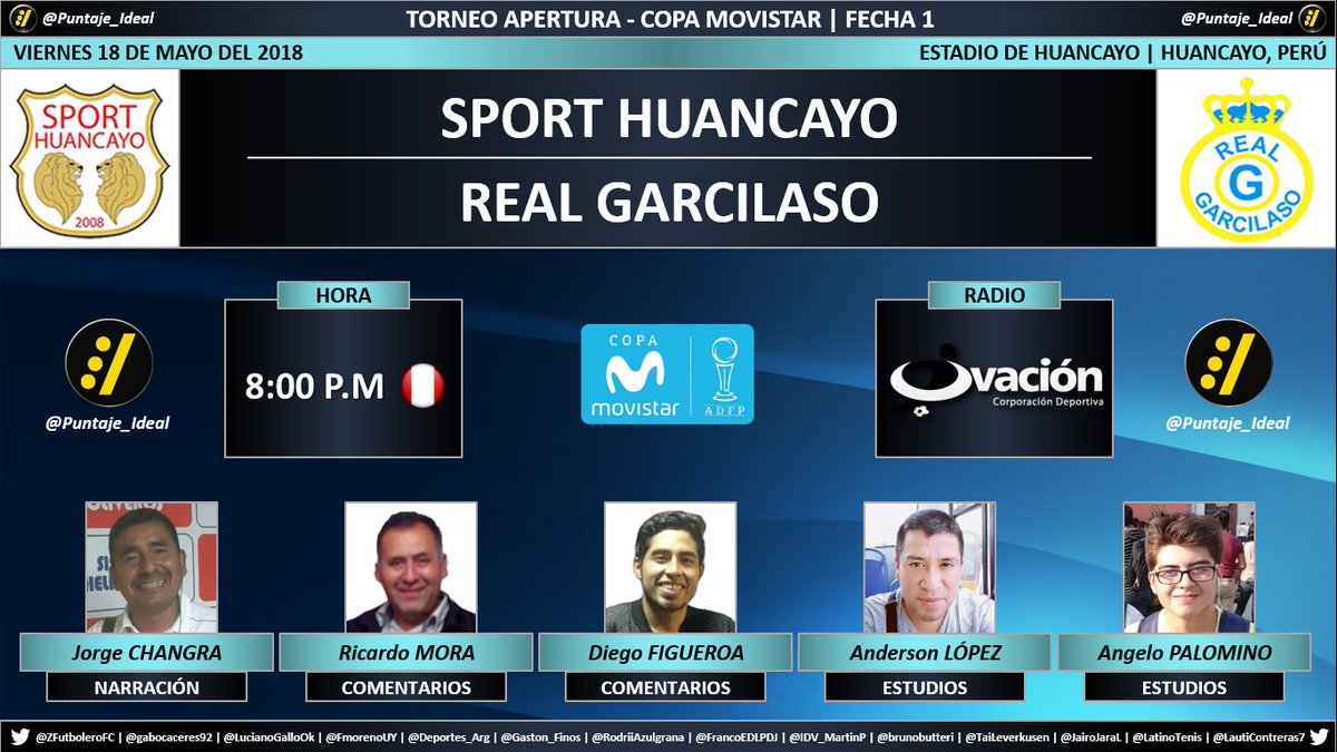 Puntaje_Ideal's tweet photo. ⚽ #TorneoApertura 🇵🇪 | #SportHuancayo 🆚 #RealGarcilaso
🎙 Narración: #JorgeChangra
🎙 Comentarios:  @carlosgol1974 - @DiegoFigueroaL 
🎙 Estudios:  @Andersonlpz - #AngeloPalomino
📻 Radio: @ovacionweb 
Dale RT 🔃 https://t.co/EDh8IO2jnM