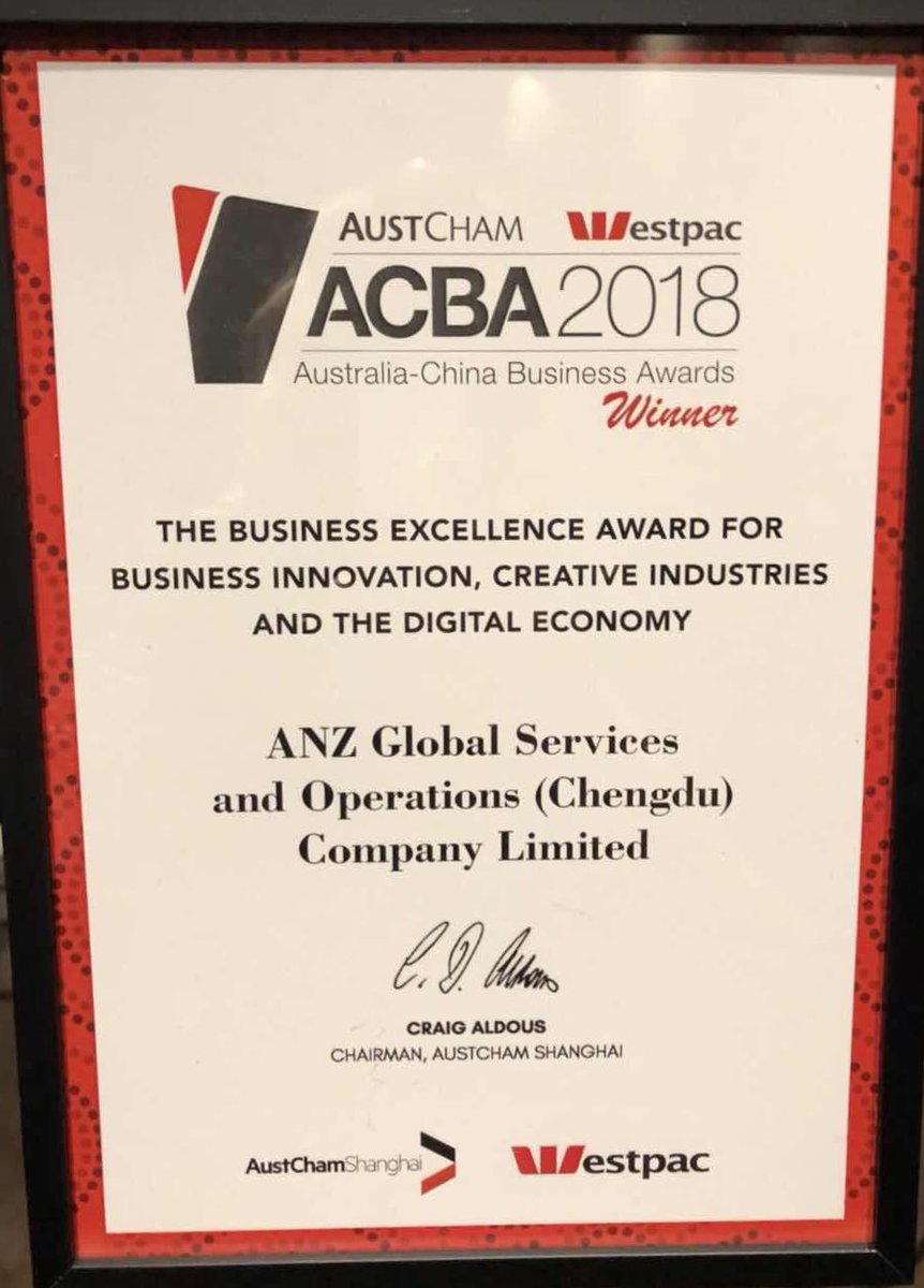 MaydaLim's tweet photo. ANZ Bank wins The Business Excellence Award for Business Innovation, Creative Industries and The Digital Economy in Australia-China Business Awards. Well done #teamchengdu!
#ACBA2018 #AUSTCHAM #ANZChengdu_Servicecentre
@ElliottShayne @saasnp @CarinaParisella @ANZ_bluenotes https://t.co/ixSnsaOxHX