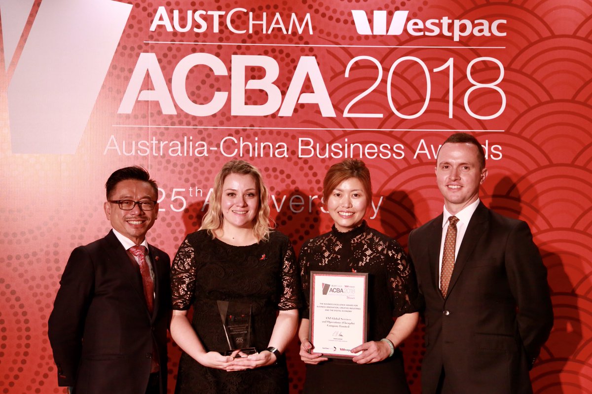 MaydaLim's tweet photo. ANZ Bank wins The Business Excellence Award for Business Innovation, Creative Industries and The Digital Economy in Australia-China Business Awards. Well done #teamchengdu!
#ACBA2018 #AUSTCHAM #ANZChengdu_Servicecentre
@ElliottShayne @saasnp @CarinaParisella @ANZ_bluenotes https://t.co/ixSnsaOxHX