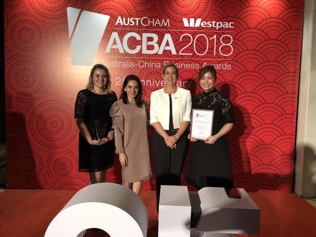 MaydaLim's tweet photo. ANZ Bank wins The Business Excellence Award for Business Innovation, Creative Industries and The Digital Economy in Australia-China Business Awards. Well done #teamchengdu!
#ACBA2018 #AUSTCHAM #ANZChengdu_Servicecentre
@ElliottShayne @saasnp @CarinaParisella @ANZ_bluenotes https://t.co/ixSnsaOxHX