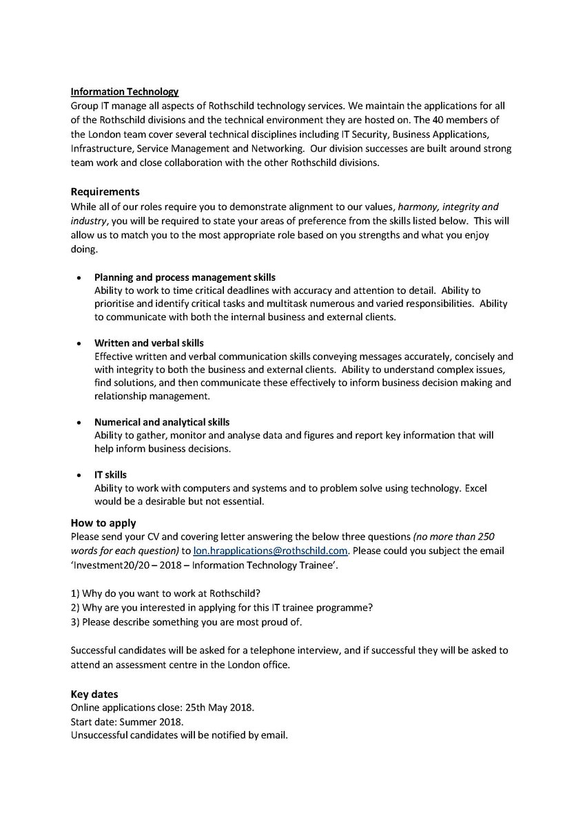 PalmersCollege's tweet photo. Are you in Year 13 and interested in working in IT? Then this could be for you. Rothschild, who are a prestigious Investment firm in the city, have a trainee position available. The start date for this role is August/September. https://t.co/PThZfZrzMH