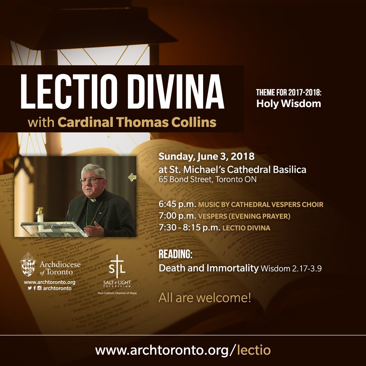 archtoronto's tweet photo. On June 3, join Cardinal Collins for the last #LectioDivina of the #HolyWisdom series at @StMikesCathTO. The evening begins with music by the Cathedral Vespers Choir at 6:45 p.m. More info at https://t.co/QlU9Zptmkw #catholicTO https://t.co/IpSoPHIRkR