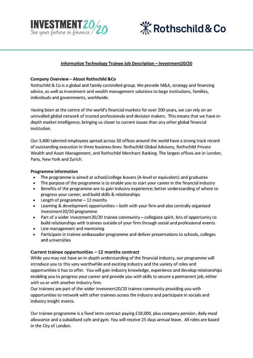 PalmersCollege's tweet photo. Are you in Year 13 and interested in working in IT? Then this could be for you. Rothschild, who are a prestigious Investment firm in the city, have a trainee position available. The start date for this role is August/September. https://t.co/fafD6Npg7d