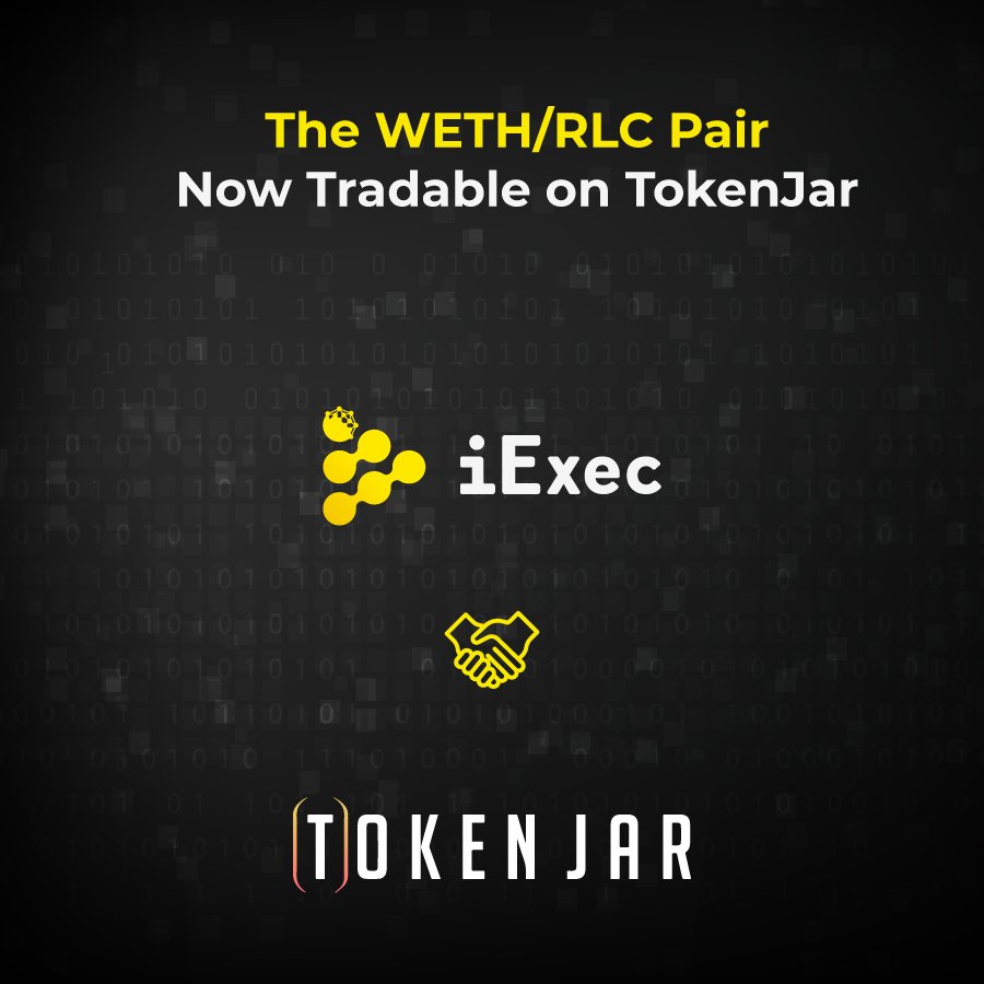 iEx_ec's tweet photo. We're happy to announce that RLC token is now listed on @TokenJar_io.

That's one more market available for RLC! The pair $WETH / $RLC is now tradable on https://t.co/pxjTmJUHzL #iExec https://t.co/Mi9Sb1dIMI