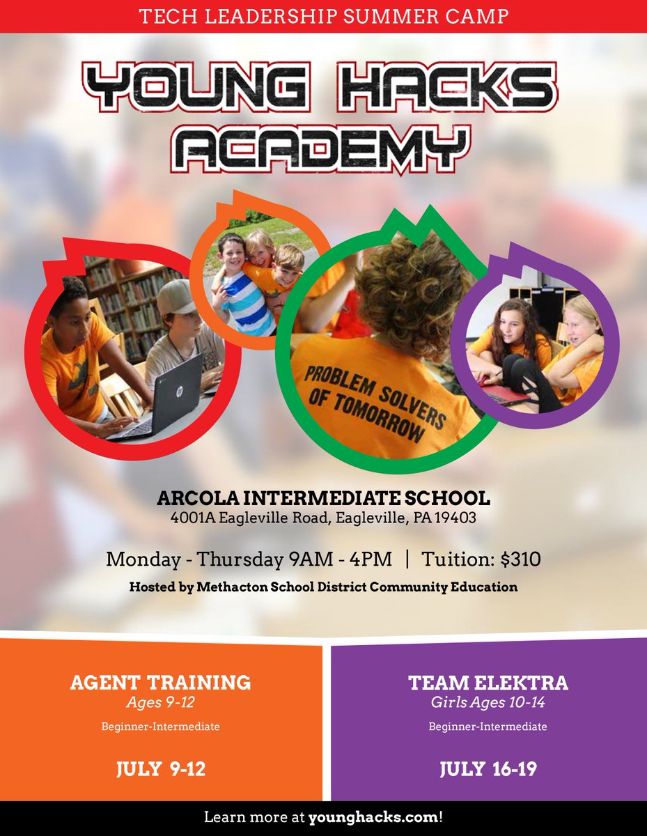 llyons25's tweet image. Are you a student who loves technology? Then join younghacks.com summer camp for skills in coding, tech leadership and more! @MontcoPA @Methacton #TechEducation #Code