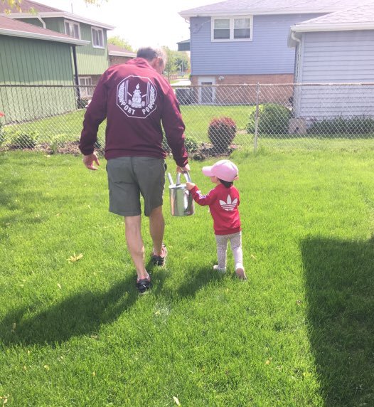 Laura_A_Gilbert's tweet image. These two besties remind me of my beloved Group Interp. Mama Gil just sent this photo of Livvie and Papa Gil heading out to water the tomato plants - both in their Porter jackets.  #CallieVee2018 #STEAMgirl #ScienceTechnologyEngineeringArtsMath