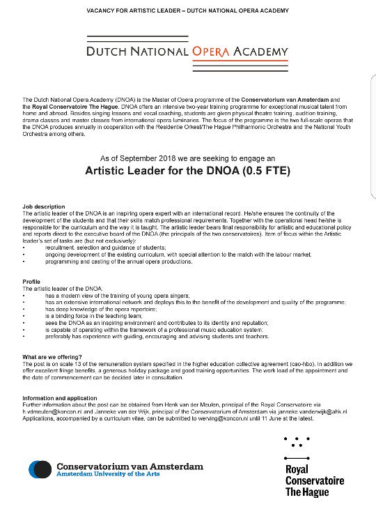 DNOA_NL's tweet photo. OPPORTUNITY: DNOA is searching for a new Artistic Leader!! Check out the link:  https://t.co/lGKUWvWRbq
#dnoa #artisticleader #mastersinopera https://t.co/5a3mM52W60