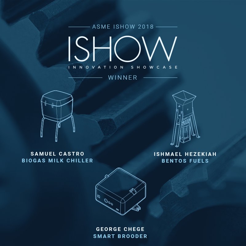 ASMEishow's tweet photo. Congratulations to all #ISHOW2018 #Kenya 's winners: @SimGas_NL , @bentosfuels and @Arinifu_Tech. It was great knowing more about your inventions! #tech4good #thisishardware https://t.co/sm4VEpAL5I