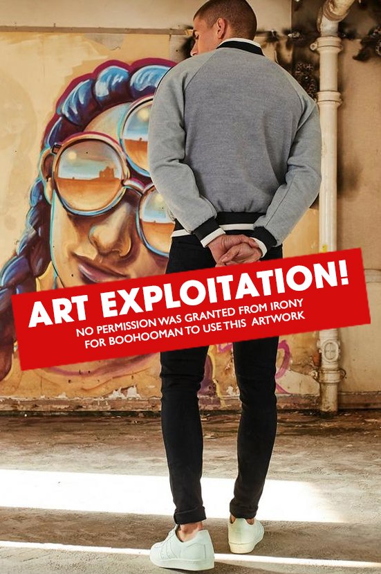 Art Exploitation by #boohooMANxDele NO PAYMENT GIVEN TO ARTISTS AND NO PERMISSION WAS GRANTED from #SkeletonCardboard #SrX <a href="/whoamirony/">Irony</a> or the other 12 artists to use their #intellectualproperty to promote #BoohooMAN ad campaign. #PayforArt