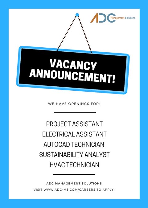 adcms_careers's tweet photo. WE ARE HIRING! Seeking electrical/sustainability professionals- ELECTRICAL ASSISTANT, AUTOCAD TECHNICIAN, HVAC TECHNICIAN, PROJECT ASSISTANT, &amp; SUSTAINABILITY ANALYST. Have the experience? Know somebody who does? Spread the word &amp; visit https://t.co/OSJsl7W1mQ to apply! https://t.co/Eds3OCABe2
