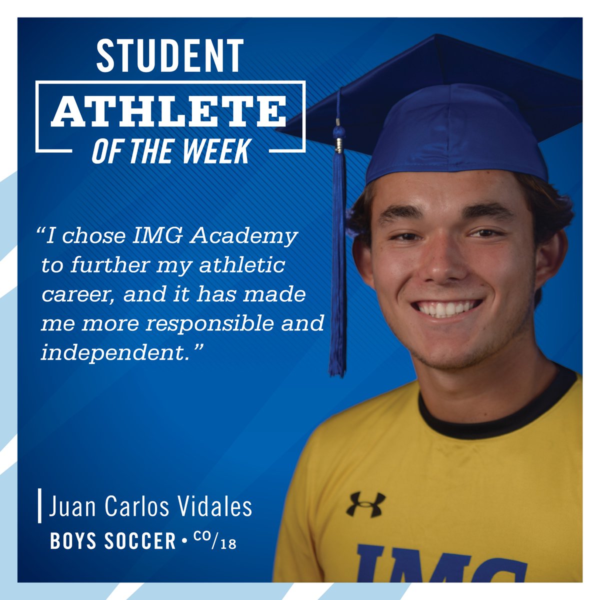 IMG Academy (@imgacademy) on Twitter photo Congrats to <a href="/IMGASoccer/">IMG Academy Soccer</a> player, @juancavidales99, whose hard work in the classroom and on the field have deservingly earned him this week's Student Athlete of the Week! ⚽ #TomorrowIsOurs
Get to know him: ➡️ bit.ly/2IxiTp8 Congrats to <a href="/IMGASoccer/">IMG Academy Soccer</a> player, @juancavidales99, whose hard work in the classroom and on the field have deservingly earned him this week's Student Athlete of the Week! ⚽ #TomorrowIsOurs
Get to know him: ➡️ bit.ly/2IxiTp8