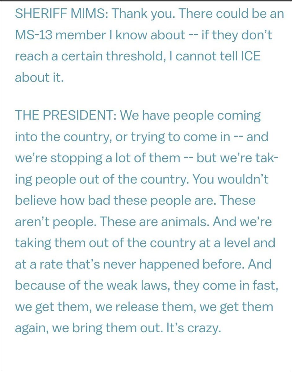 Molly1Jo's tweet image. The "subject" of his answer is "people coming into the country." Therefore, subsequently, "these people" refers to "people coming into the country." He is not specifically referring to MS-13. #NotAnimals