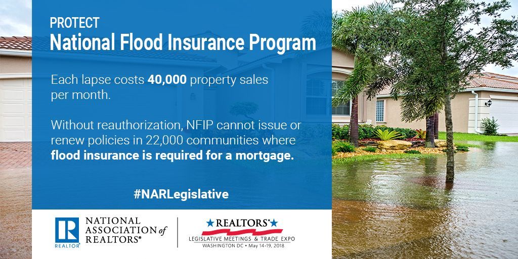 IndianaREALTORS's tweet image. Millions of homeowners, small business owners, and renters depend on the National Flood Insurance Program to protect their property against flooding. Without congressional action, NFIP will expire July 31, 2018. #NARLegislative #SupportNFIP