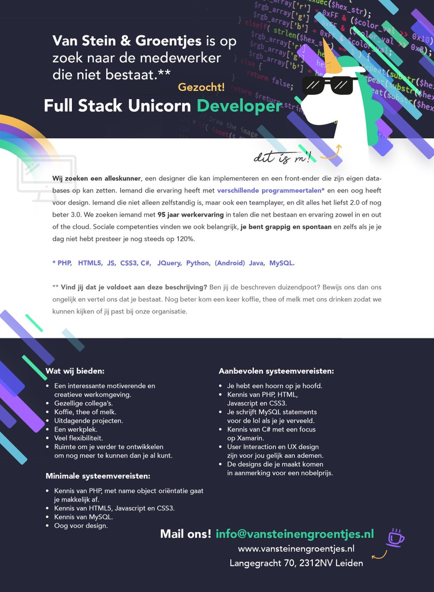 Wij zijn op zoek naar een Eenhoorn. Wie kan ons helpen? #unicorn #jobopening #vacature #joblisting #fullstackdeveloper #fullstack #eyefordesign