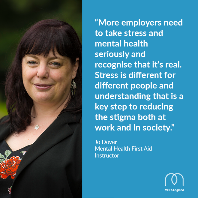 MHFAEngland's tweet photo. Mental Health First Aid Instructor, @JoDoverJDC explains why more employers need to take stress more seriously. Find out more about MHFA training could help your workplace: https://t.co/D5lJars8eu #AddressYourStress #MHAW18 https://t.co/nPrmksTl6j
