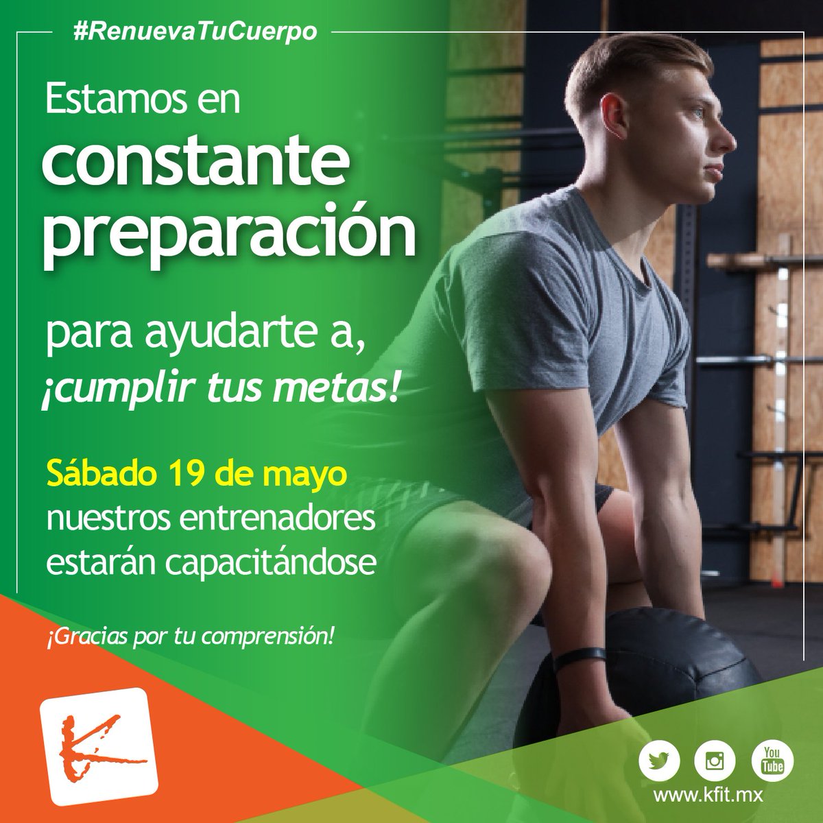 Información para nuestros socios ⚠
Este próximo sábado nuestras instalaciones permanecerán abiertas con normalidad, sólo los coach estarán en capacitación.

#Nosrenovamosparati #erenuevatucuerpo #kfit