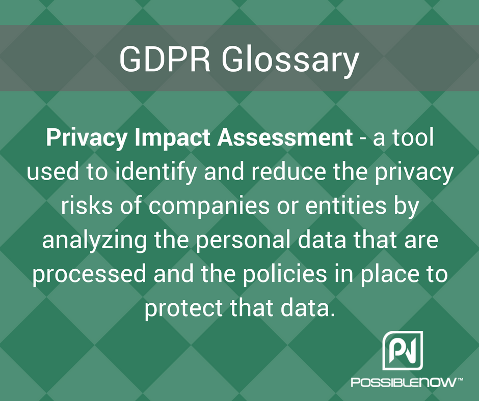 possiblenow's tweet image. In today's #GDPR glossary: Privacy Impact Assessment #privacyrisks #dataprotection #personaldata #dataprocessing #dataprocessor #eprivacy #privacyimpactassessment