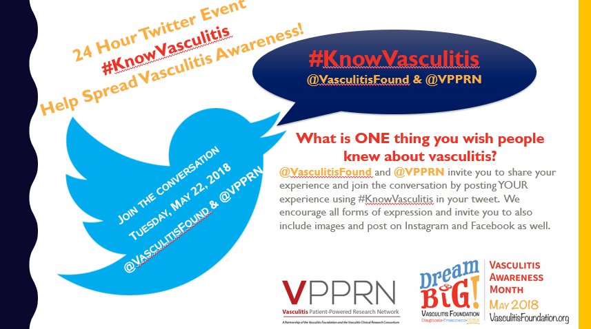 vpprn's tweet photo. Join the conversation and spread awareness during our 24-hour twitter event on Tuesday, May 22 with @vpprn and @VasculitisFound ! #KnowVasculitis #vasculitis #makingtheinvisiblevisible #vasculitis2018 https://t.co/OkPH0GE0dz