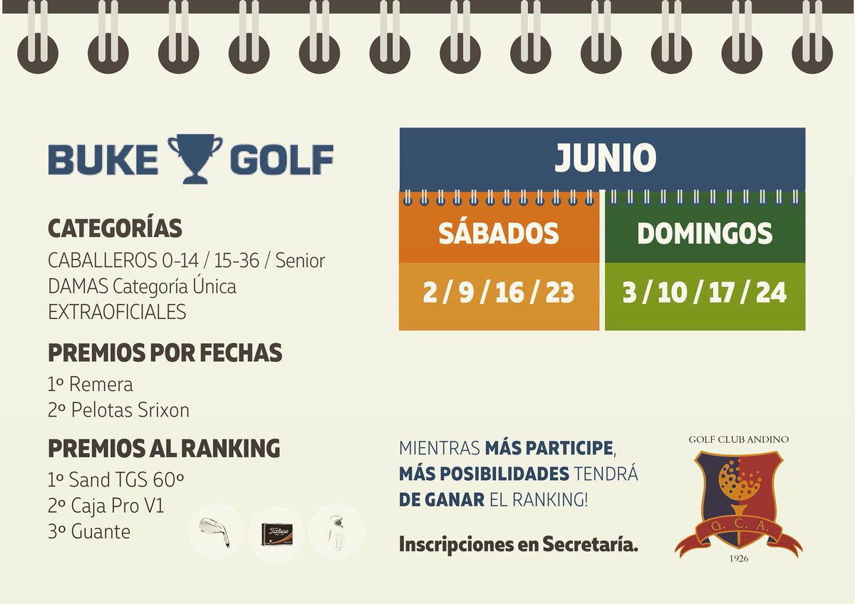 GolfClubAndino's tweet photo. Ya llega junio y con él otra propuesta que no te podes perder! Premios por fecha y también por un ranking mensual! Importantes premios! Inscripciones en la secretaria del club! Te esperamos! 😉 https://t.co/offSakYH5T