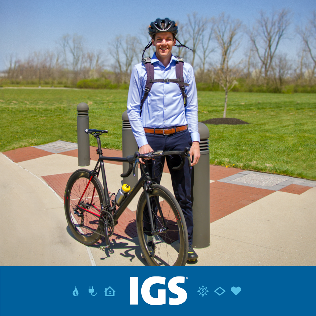 IGSEnergy's tweet photo. Happy National Bike to Work Day! Meet Aaron, not only does he bike to work everyday but he bikes over 7,000 miles a year. A great example of IGS' healthy culture! #lifeatigs https://t.co/GbojeiiFMD
