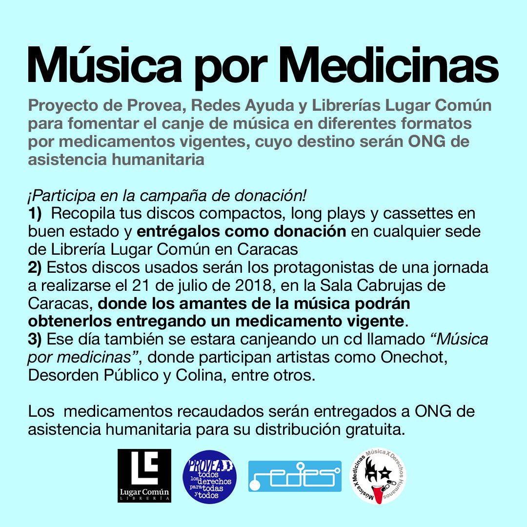 Tus discos usadosnpueden ayudar a la salud de otros. Dónalos al proyecto "Música Por Medicinas" en @LibreriaLC de CCS
