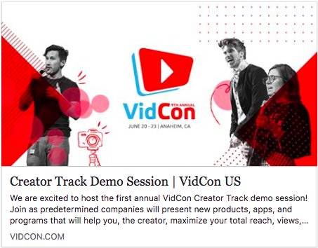 Excited to have been selected to present at <a href="/VidCon/">VidCon</a>'s Creator track demo session, which also includes <a href="/amazon/">Amazon</a>, <a href="/Adobe/">Adobe</a>, and more! Join us on 6/23 in Anaheim to see how creators can improve their content strategies and partnerships! vidcon.com/agenda/10744/c…