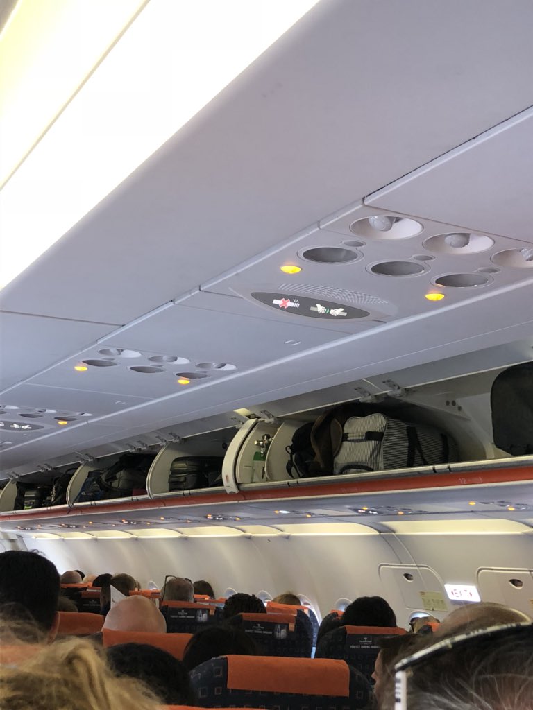 brewerem's tweet photo. @easyJet tell you the overhead compartment is full yet you get on and see loads of overhead room. Typical.. long wait in Amsterdam for luggage https://t.co/ywcVLoVZXP