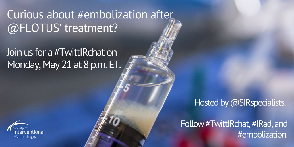 SIRspecialists's tweet photo. Want to learn more about #embolization after @FLOTUS' treatment? Join us on Monday, May 21 at 8 p.m. ET for a #TwittIRchat about the many conditions that embolization can treat and the role of interventional radiologists in delivering those treatments. #IRad https://t.co/4XWollIAWs