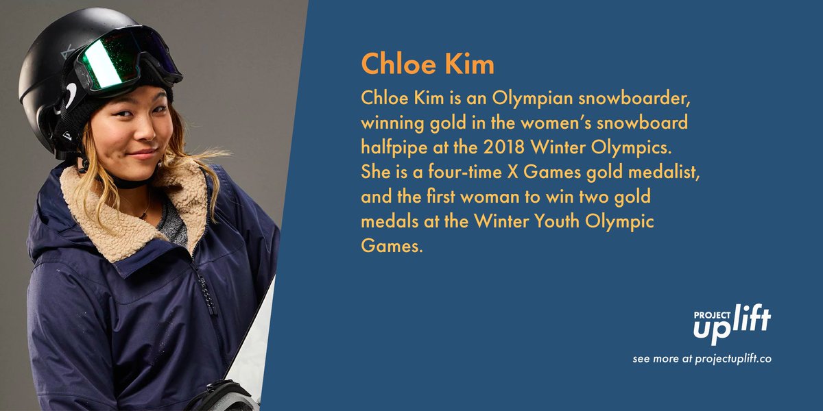 UpliftProject's tweet image. #APAHM feature: @chloekimsnow, an American snowboarder who won gold in the women’s snowboard halfpipe at the 2018 Winter @Olympics in Pyeongchang. Kim is the youngest woman to win an Olympic snowboarding medal at 17.
