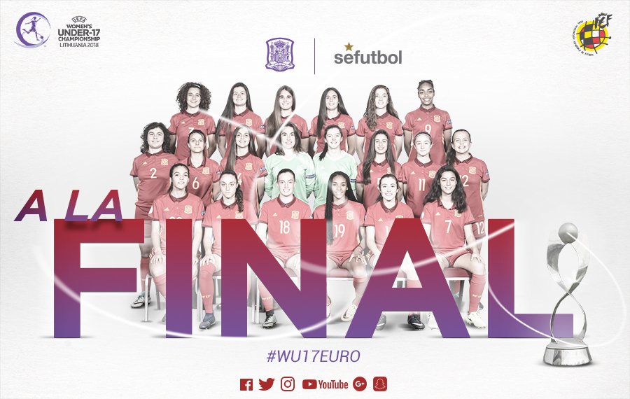 SEFutbol's tweet photo. ¡¡¡FINAL FINAL FINAAAAAAAAAL EN LITUANIA!!! ¡La @SeFutbol femenina Sub-17 jugará LA GRAN FINAL del @UEFAWomensEURO y consigue su billete para el MUNDIAL DE URUGUAY ¡¡¡RT SI ESTÁS ORGULLOSO DE ESTE EQUIPO!!! | 🇪🇸 - 🇫🇮 | 1-0 | 83’ | #WU17EURO https://t.co/2OigEhgHld