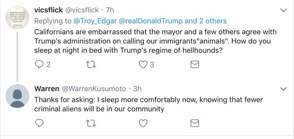 losalamitoscu's tweet photo. Los Alamitos Mayor Pro Tem @WarrenKusumoto is completely fine with Trump’s dehumanizing rhetoric &amp; even added his own. #VoteHimOut https://t.co/MTulURcu8l