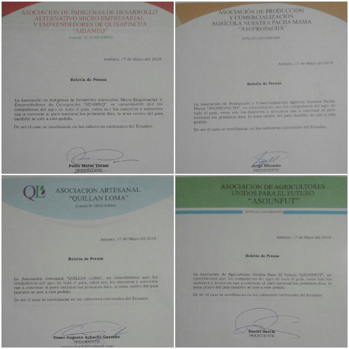 .<a href="/Lenin/">Lenín Moreno</a> Atención.!!!
Organizaciones de #SierraCentral se solidarizan con Productores de #Arroz y #Maiz por "franja de pecios" prestos a plegar a 
#ParoNacionalDeAgricultores