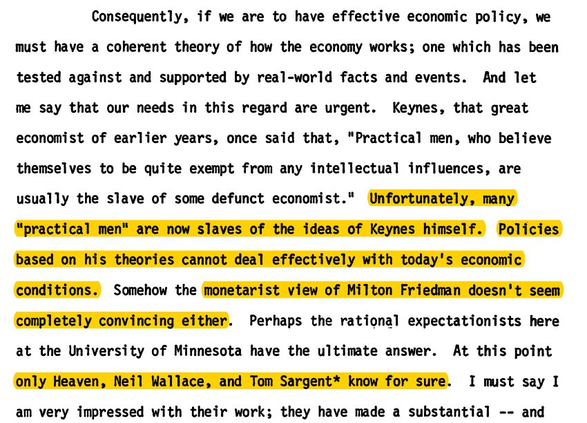 19/ Corrigan thus acknowledged his “research dpt,” but Willes was keen on citing specific contributions : "only heaven, Neil Wallace and Tom Sargent know for sure," what the right monetary policy is, he said in a 1977 talk at the University of Minnesota