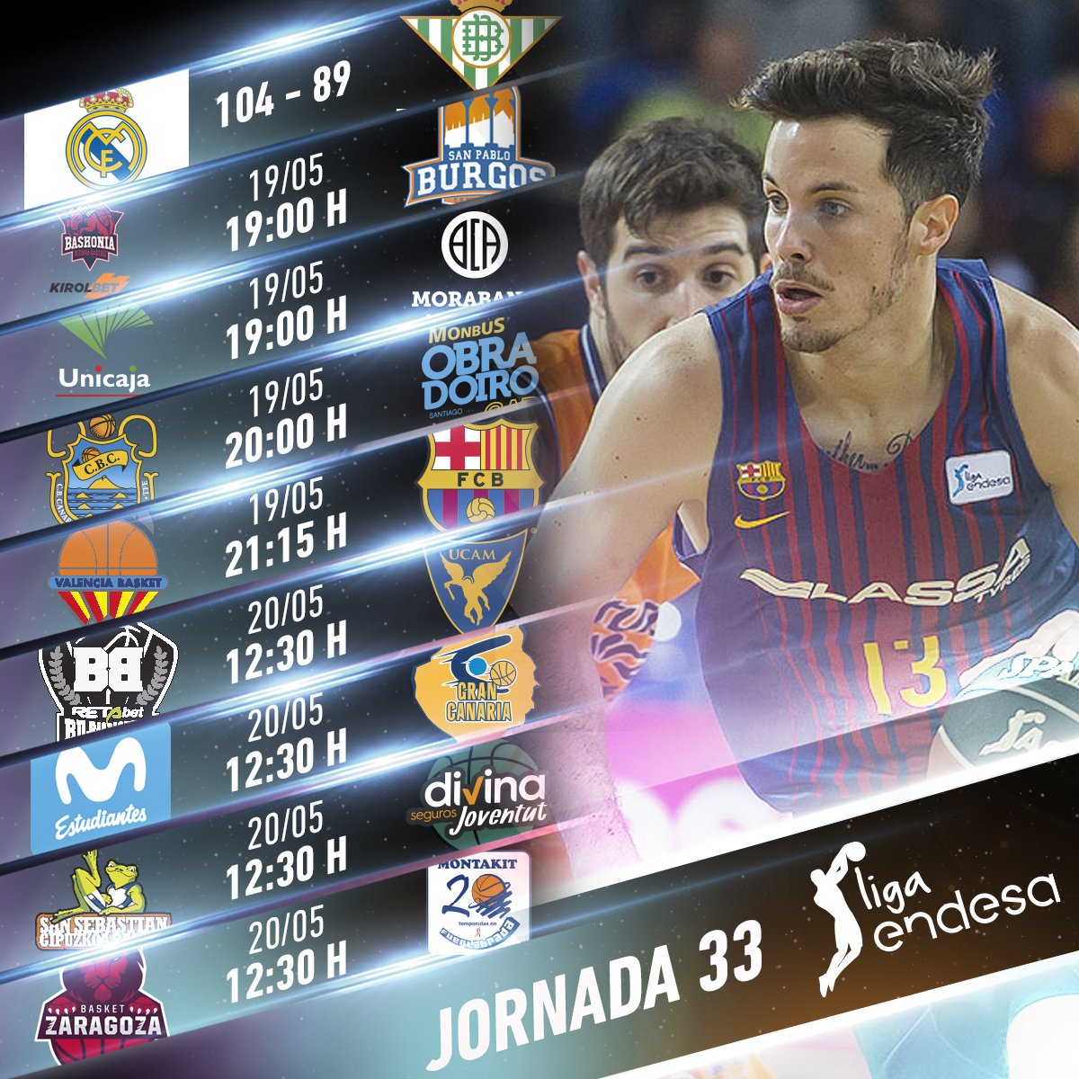 AdictosFIBA's tweet photo. #LigaEndesa🏀

¡HOY COMIENZA LA JORNADA 33 DE ACB!

➡Aquí te dejamos los horarios de los partidos que se disputan hoy y mañana: 
https://t.co/XqsNmEMTOE