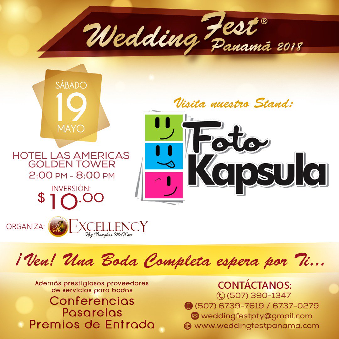 weddingfestpty's tweet photo. Fotokapsula también estará presente en Wedding Fest Panamá 2018! 
Te invitamos a visitar su Área de Exhibición mañana sábado 19 de mayo a las 2pm en el Hotel Las Américas Golden Tower. Información 6739-7619 https://t.co/Um1QBuGkwv