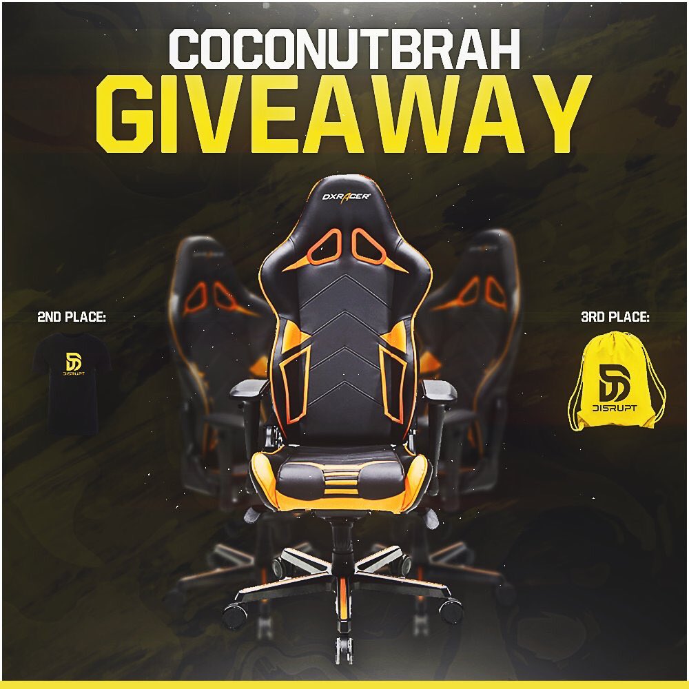 CoconutBrah's tweet image. So excited to announce a HUGE giveaway for the brah fam! A DXRACER Gaming chair + More! You are the best and I love you all. Special thanks to the nuttiest Siege org out there @DisruptGG for helping with this giveaway for the amazing Coconut Brah Family.  gleam.io/RePQ4/coconutb…