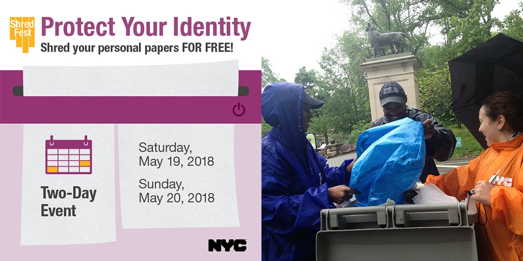 helloDCWP's tweet photo. Rain or shine, come shred your personal papers at #ShredFest this weekend (Saturday, May 19 &amp; Sunday, May 20) throughout the five boroughs from 10 a.m. to 4 p.m (latest) or until the shredding trucks are filled, which may be sooner. Get location details at https://t.co/kcn5amqZbR https://t.co/yxDtg90zav