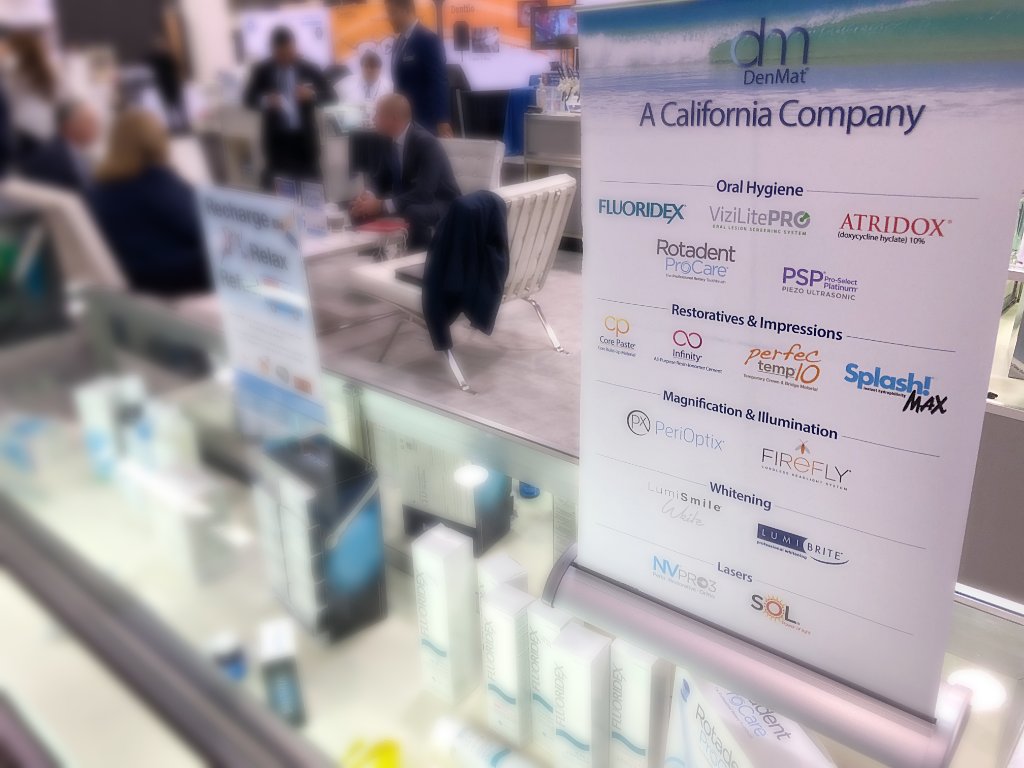 denmatdental's tweet photo. You might be surprised by the wide selection of products #DenMat offers. Here's a few: #Fluoridex #ViziLitePro #ATRIDOX #Piezo #SplashMax #RotadentProCare #CorePaste #LumiSmile #NVPRO3 #FireFlyHeadlights #PeriOptix AND DenMat is a full-service dental lab. Booth 734 #cdaANA https://t.co/W5IhfowMam