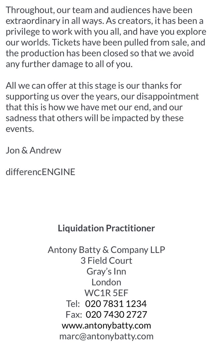 #London theatre company <a href="/differencEngine/">differencEngine</a> has posted a closure and liquidation message on their site:

differencengine.co.uk