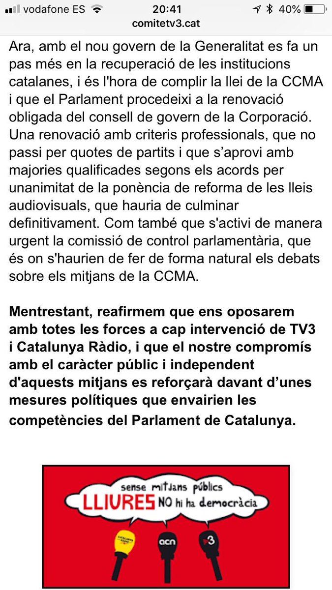 ConsellProfCR's tweet photo. EL 155 TORNA A AMENAÇAR ELS MITJANS DE LA @CCMA_cat 

Comunicat de rebuig a incloure els mitjans públics en una hipotètica i futura nova aplicació del 155, tal i com han demanat públicament @PPopular @PSOE i @CiutadansCs https://t.co/rzYWOjsqFK