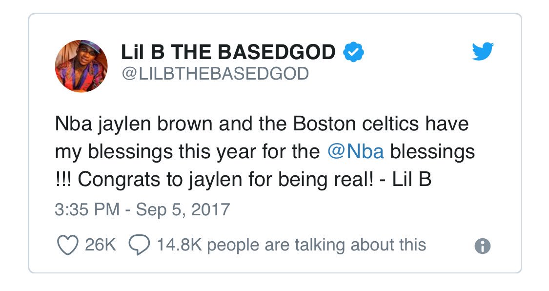 streamfollow330's tweet photo. In case anyone was wondering how the Celtics made it this far, just remember... THIS IS REAL.
@ByJayKing needs to apologize for calling Lil B “the base fraud.” #rainingjunk https://t.co/RInjadWUuV
