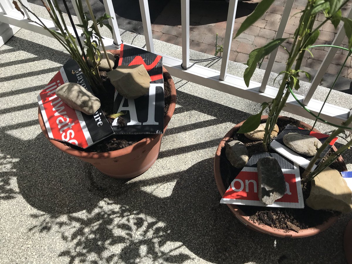 JimWatsonOttawa's tweet photo. Notes from the campaign trail: just discovered that my old campaign sign is being used to hold up a tomato plant #DIY https://t.co/ONa8kYk1sw